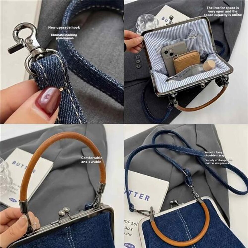 Denim Crossbody Tote Bags For Women, Mini Blue Denim Totebag Kiss Lock Purses - Picture 5 of 7